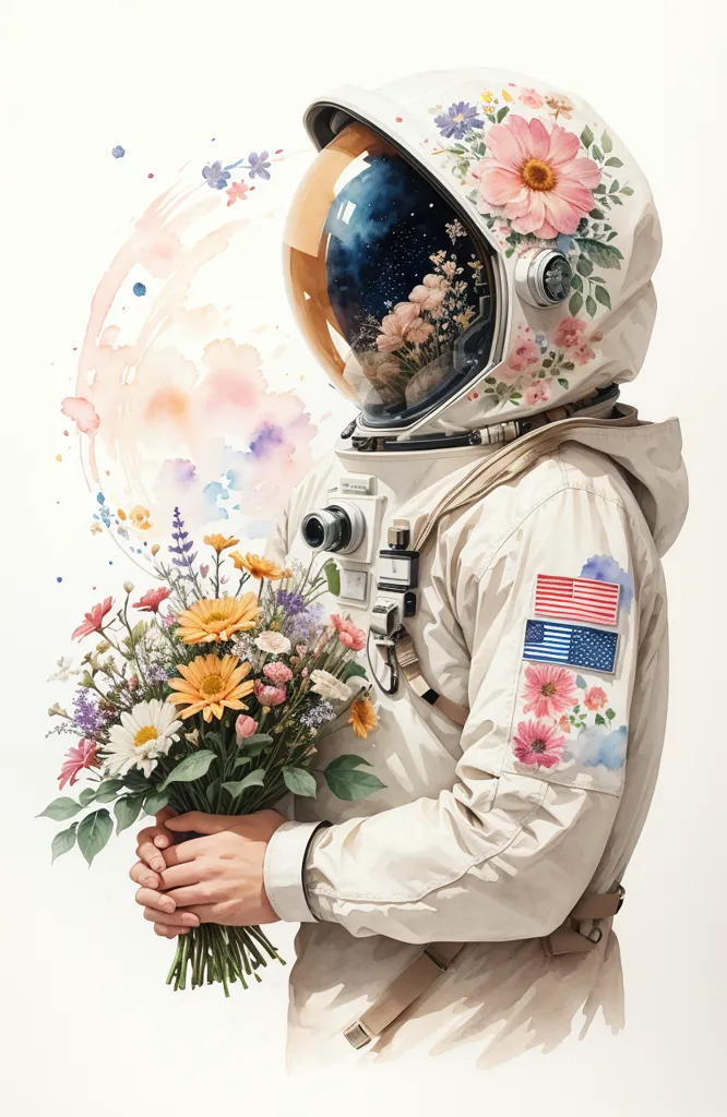 This is an image of an astronaut with a bouquet of flowers. The astronaut is wearing a white spacesuit with a clear bubble helmet. The helmet is decorated with colorful flowers. The astronaut is also wearing a backpack with an American flag patch and a camera. The astronaut is standing on a planet with a pink and blue atmosphere. There are flowers growing on the planet. The astronaut is holding a bouquet of flowers. The flowers are yellow, white, and purple. The astronaut is looking at the flowers.