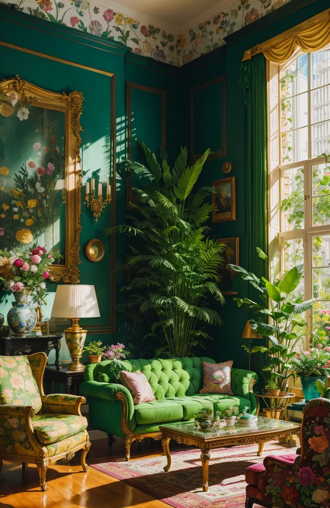 The image is a living room with a dark green wall, white trim, and hardwood floors. There are two large windows with yellow curtains, a green velvet sofa, two armchairs, a coffee table, and several potted plants. The sofa is topped with pink pillows and green patterned pillows. There is a large painting above the sofa and several smaller paintings on the other walls. There is a green patterned rug under the coffee table and a pink patterned rug under the sofa. There are several books on the coffee table and a lamp on the side table. The room is bright and sunny.