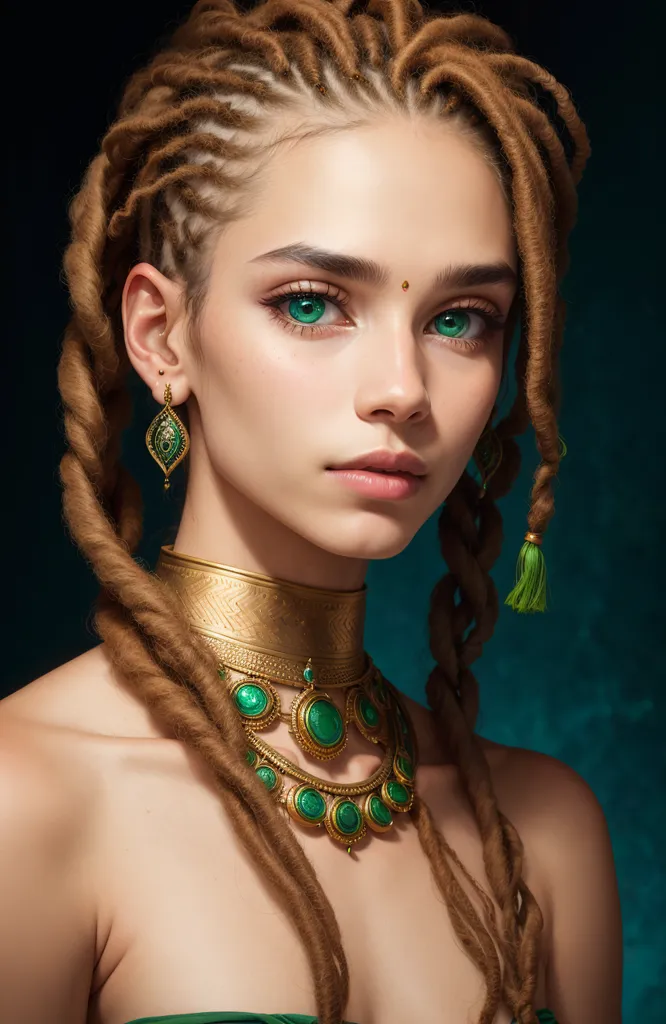 The image shows a young woman with long brown hair and green eyes. She is wearing a gold necklace with green gems and a green earring in her left ear. Her hair is styled in dreadlocks and she has a bindi on her forehead. She is wearing a white off-the-shoulder dress. The background is dark green.