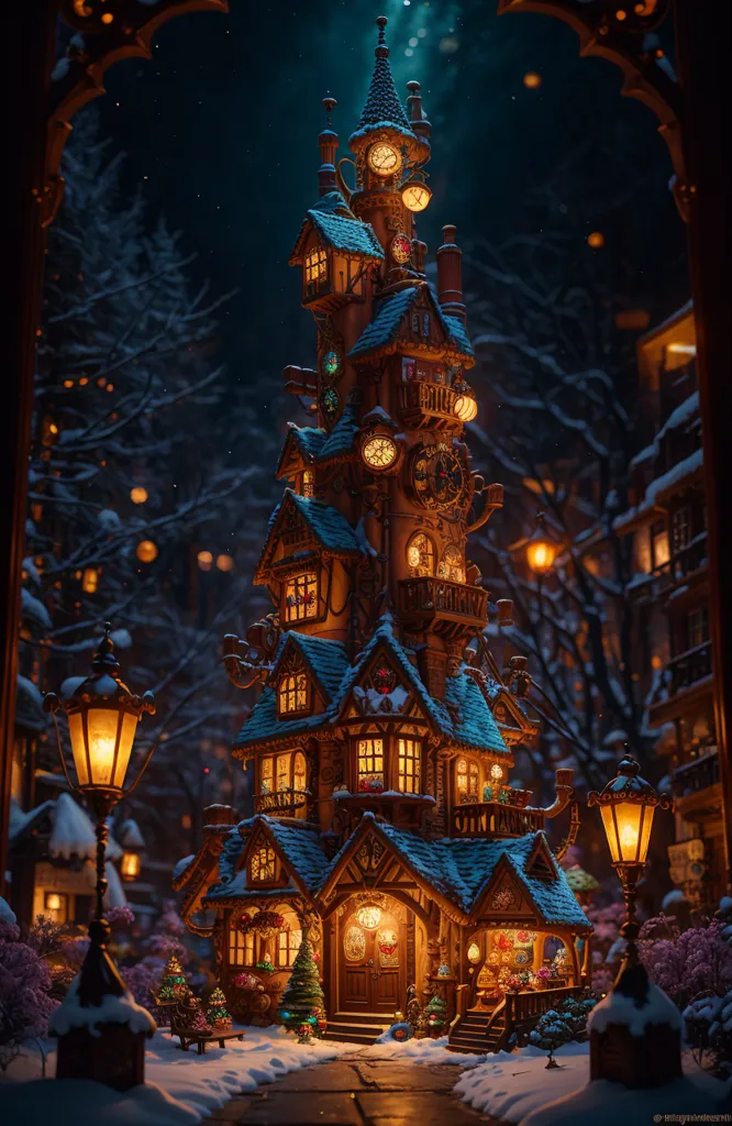 The image is a beautiful winter scene of a clock tower in a snowy village. The clock tower is the focal point of the image, and it is surrounded by snow-covered trees and houses. The tower is made of wood and has a large clock on its face. There are also several smaller clocks on the tower, and they are all chiming. The tower is lit up by warm yellow lights, and there is a wreath on the door. There is a path leading up to the tower, and there are two benches on either side of the path. The trees are bare, and the snow is thick on the ground. The image is very peaceful and serene, and it captures the beauty of the winter season.