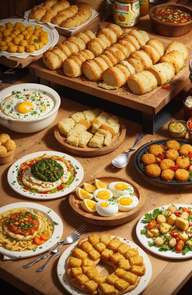 Há uma grande mesa de madeira coberta de comida. Sobre a mesa há vários pratos e tigelas de comida. Há ovos recheados, pão, vegetais e outros pratos. A comida está arranjada de uma forma visualmente atraente.