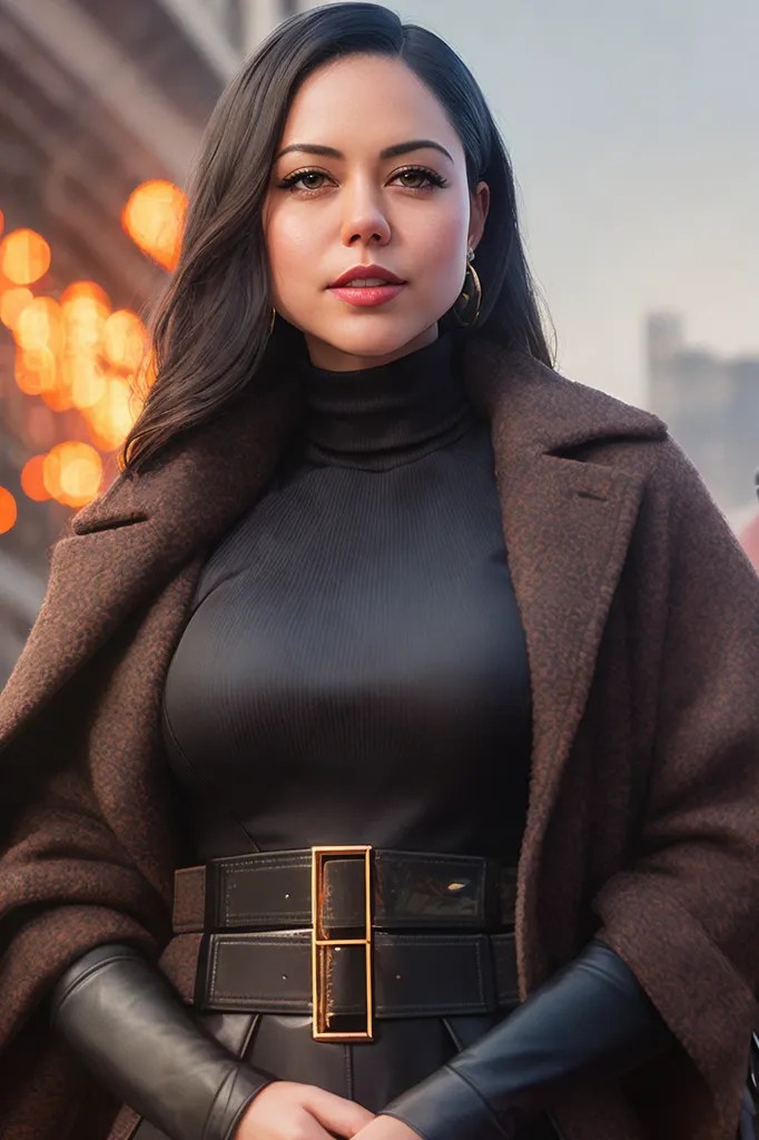 This is an image of a young woman, probably in her 20s, with long, dark hair flowing over her shoulders. She is wearing a stylish brown coat with a black turtleneck blouse underneath. The coat is belted with a wide black belt. The woman's makeup is flawless, with a smoky eye and glossy nude lip. She is looking at the camera with a serious expression.