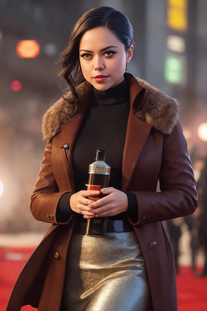 This is an image of a woman, probably in her 30s, with long dark hair and brown eyes. She is wearing a brown leather coat with a fur collar, a black turtleneck blouse, and a metallic bronze skirt. She is holding a bottle of perfume. She is standing in front of a red carpet, with people in the background.