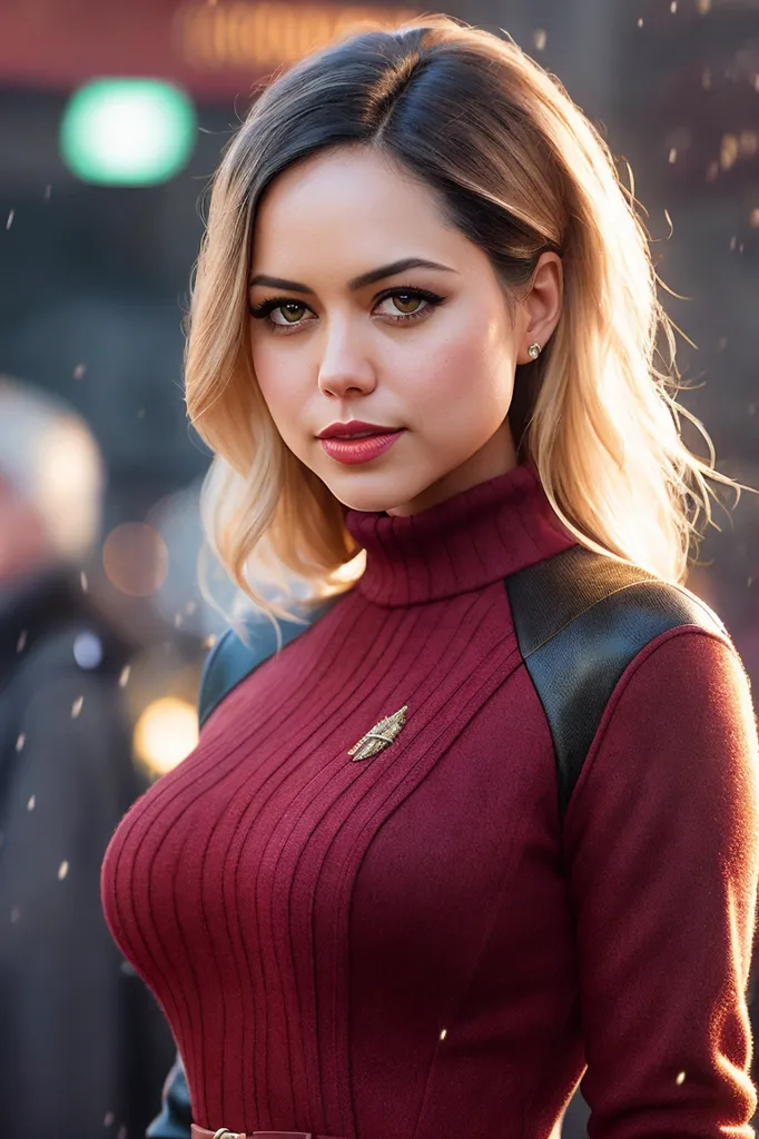 The image shows a young woman with long, wavy hair. She is wearing a red turtleneck sweater with black leather sleeves. The sweater has a gold pin on it. She is looking at the camera with a serious expression. Her makeup is natural and she is wearing a light shade of lipstick. She is standing in front of a blurred background of city lights.