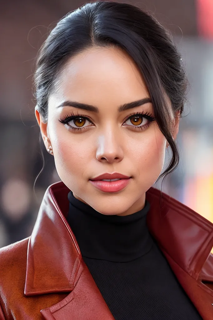 The image shows a young woman with long, dark hair. She is wearing a red leather jacket and a black turtleneck blouse. Her makeup is flawless, with winged eyeliner and dark eyeshadow. Her lips are a glossy pink. She is looking at the camera with a slight smile on her face.