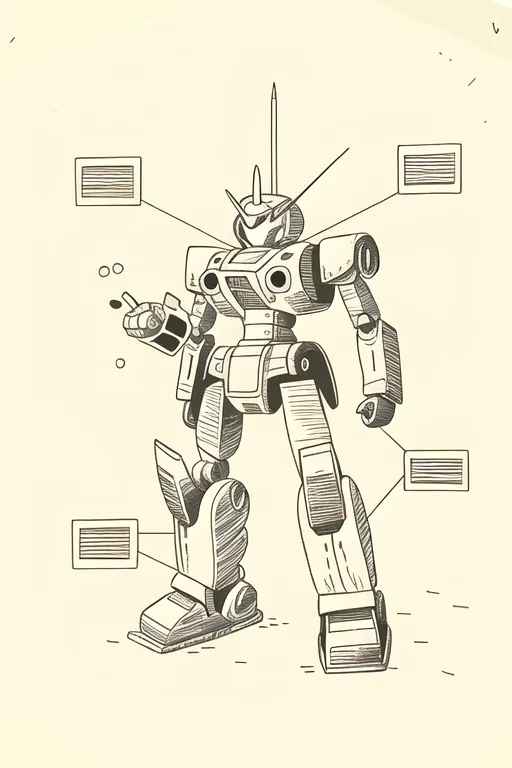 La imagen es un dibujo técnico de un robot bípedo. El robot se dibuja en un estilo de línea simple y se muestra de frente. El robot tiene una cabeza grande y rectangular con un solo ojo cíclope y un par de protuberancias en forma de antenas en la parte superior de la cabeza. El cuerpo del robot está compuesto por una serie de formas rectangulares y cilíndricas, y tiene un par de brazos y piernas. Los brazos del robot están equipados cada uno con una sola mano de tres dedos, y sus piernas están equipadas cada una con un par de ruedas. El robot también se muestra con una serie de paneles rectangulares pequeños en su cuerpo, que pueden ser armadura o equipo.