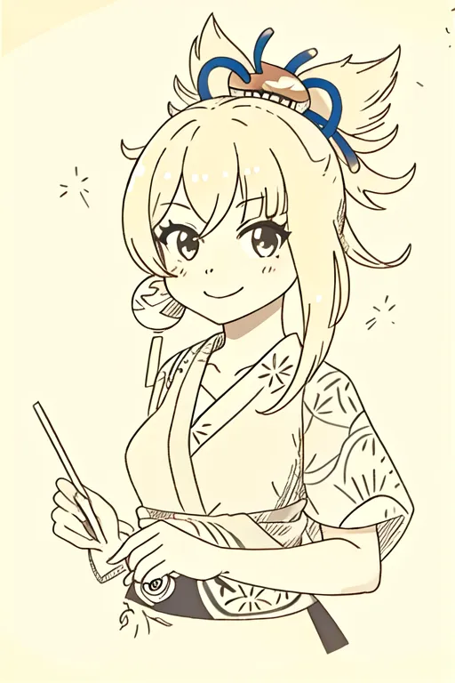 The image is of a girl with a bright smile on her face. She has long blonde hair that is tied back in a ponytail with a blue ribbon. She is wearing a yukata with a floral pattern and a white apron. The girl is holding a paintbrush in her right hand and a paper lantern in her left hand. She is standing in front of a white background.