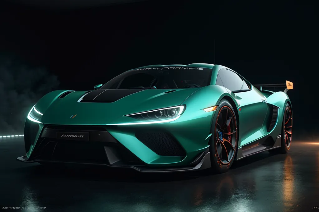 The image is a dark green sports car. It is a low-slung car with a long hood and a short trunk. The car has a large front spoiler and a rear diffuser. The car is also equipped with a large rear wing. The car is lit by a single spotlight. The car is in focus and the background is blurred.