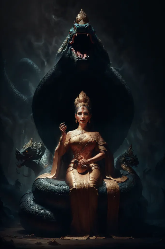 The image is a dark and mysterious painting of a woman sitting on a throne. The woman is wearing a golden dress and has a headdress that is shaped like a snake. The throne is made of snakes, and there are two snakes on either side of the woman. The snakes are all coiled up and look ready to strike. The woman is holding a staff in her right hand, and she is looking out at the viewer with a stern expression. The background is dark and murky, and it looks like the woman is sitting in a temple or other sacred place.