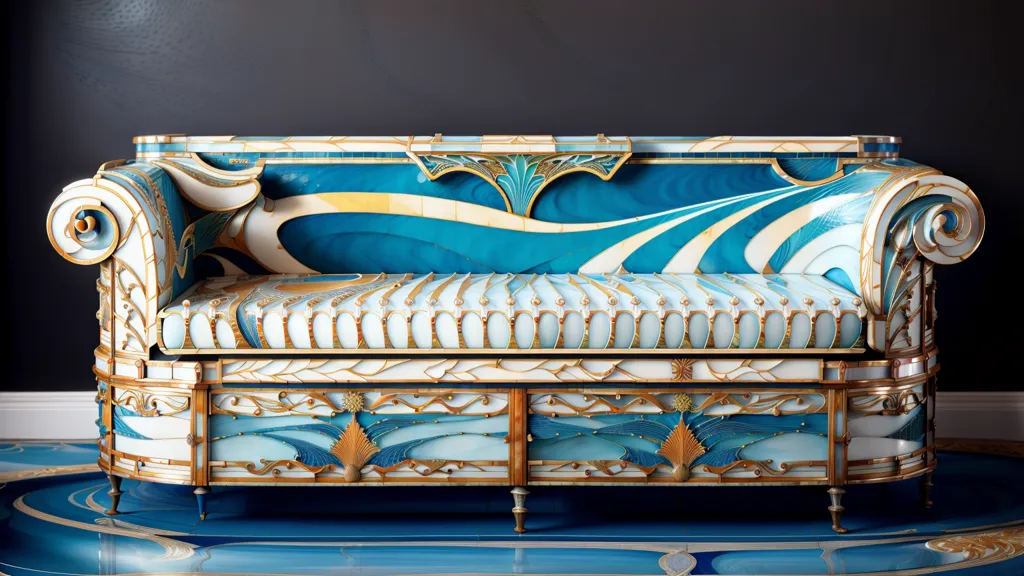 The image shows an ornate blue and white sofa with golden elements. The sofa is placed on a blue and white floor against a black background. The sofa has a curved back and armrests, and it is upholstered in a blue and white fabric with a floral pattern. The golden elements on the sofa include the legs, the armrests, and the finials on the back. The sofa is also decorated with blue and white tiles.