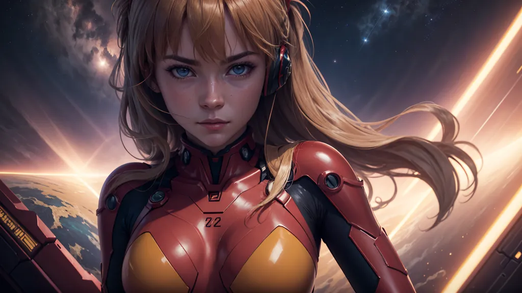 This is an image of a young girl with long blond hair and blue eyes. She is wearing a red and black bodysuit with the number 22 on her chest. She is also wearing headphones and there is a bright light in the background. The girl is standing in front of a large spaceship with a starry background.