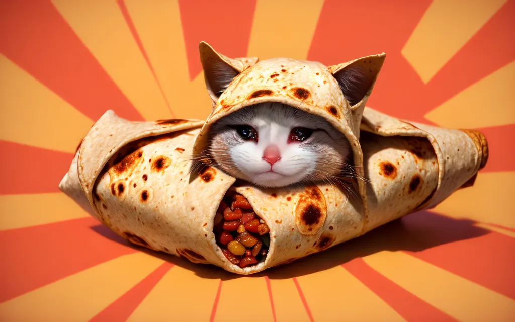 Esta imagen muestra a un gato envuelto en una tortilla como un burrito. La tortilla está rellena de frijoles y arroz. El gato está mirando fuera de la tortilla con una expresión triste en su rostro. El fondo es de un color naranja brillante con rayas amarillas y rojas.