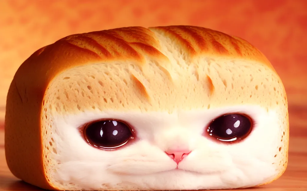 The image shows a cat's face superimposed on a loaf of bread. The cat's eyes are closed and its mouth is slightly open. The bread is golden brown and has a crispy crust. The background is a warm orange color.