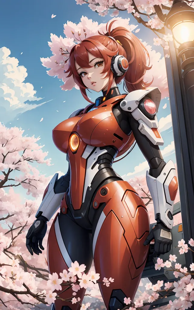 This image depicts a young woman standing in front of a cherry blossom tree. She is wearing a red and orange bodysuit with white and silver accents. The bodysuit has a high collar and long sleeves. She is also wearing a pair of headphones and a ponytail. The woman has brown eyes and a beauty mark on her left cheek. She is standing in a relaxed pose with her left hand on her hip and her right hand holding a street lamp post. The cherry blossom tree is in full bloom and its branches are covered in pink flowers. The sky is blue and there are a few clouds in the distance.