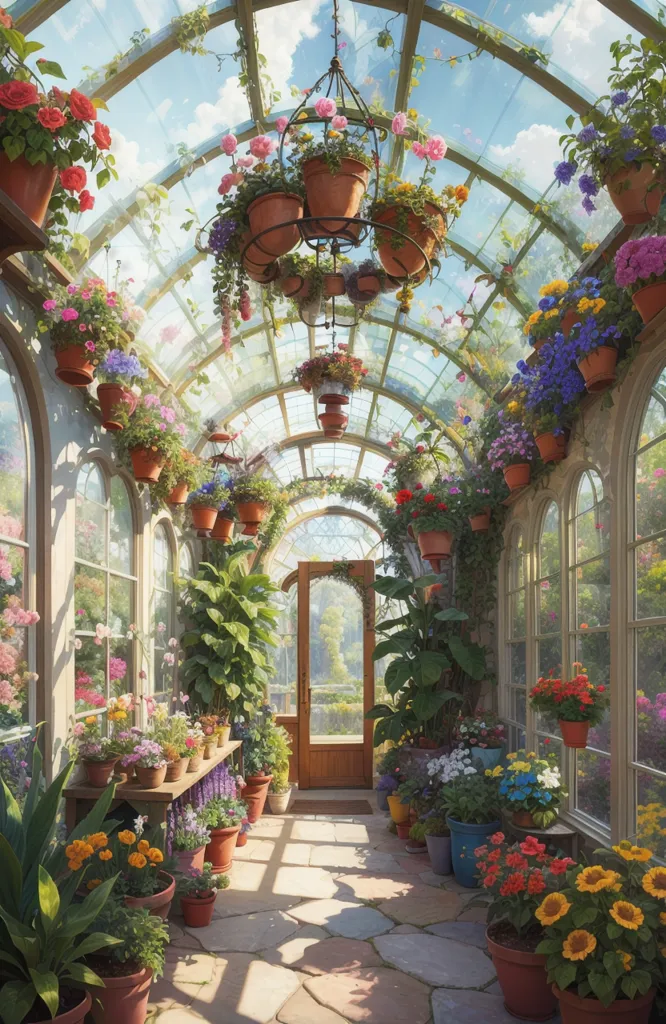 The image is a digital painting of a greenhouse. The greenhouse is made of glass and has a curved roof. There are many flowers and plants in the greenhouse. The flowers are of different colors, including red, pink, yellow, and purple. The plants are of different types, including trees, shrubs, and flowers. There is a door in the greenhouse that leads to the outside. The greenhouse is full of sunlight.