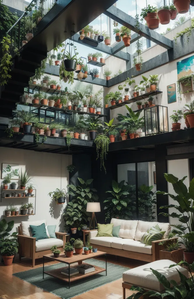 A imagem mostra uma sala de estar com muitas plantas. Há dois sofás brancos, uma mesa de centro e um tapete na sala de estar. Há muitas plantas em vasos nas estantes e penduradas no teto. Há uma grande janela ao fundo da sala. A sala é muito brilhante e arejada.