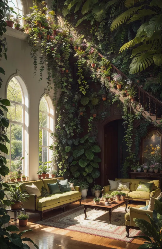 The image is a living room with a lot of plants. There are two sofas, a table, and a few chairs in the room. The sofas are green and the table is brown. There are many plants on the walls, on the floor, and on the table. The plants are mostly green, but there are also some yellow and white flowers. The room is very bright and sunny. There are two large windows that let in a lot of light. The floor is made of wood and the walls are white. The ceiling is high and there is a beautiful chandelier hanging from it. There is a staircase leading up to a balcony lined with plants. The balcony overlooks the living room.