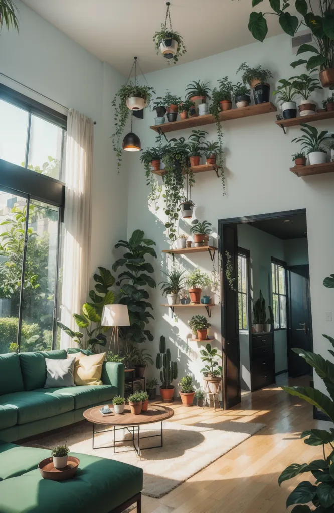 A imagem mostra uma sala de estar com uma janela grande, um sofá verde e muitas plantas. As plantas estão em prateleiras nas paredes, penduradas no teto e no chão. O sofá está em frente à janela. Há uma mesa de centro em frente ao sofá. Há um tapete sob a mesa de centro. O piso é de madeira. As paredes são brancas. O teto é alto. Há uma porta no lado direito da imagem. A porta é preta. Há uma planta no chão ao lado da porta. A imagem é muito brilhante e ensolarada.