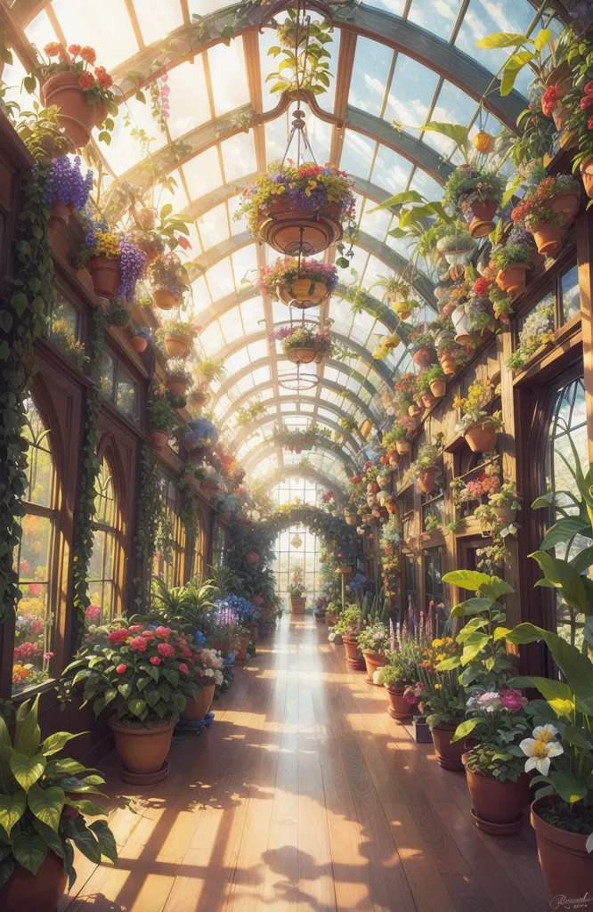 The image is a long greenhouse with a glass roof and arched windows. The floor is made of stone tiles, and there are potted plants on both sides of the aisle. The plants are all different types, including flowers, shrubs, and trees. The sunlight is shining through the glass roof, and it creates a warm and inviting atmosphere.