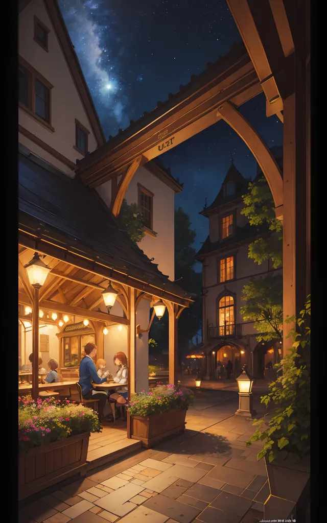 The image is a beautiful streetscape of a European city at night. The sky is dark and starry, and the street is lit by a few lanterns. The buildings are old and half-timbered, and the streets are cobbled. There are a few people walking around, and there is a couple sitting at a table outside a cafe. The overall atmosphere is peaceful and romantic.