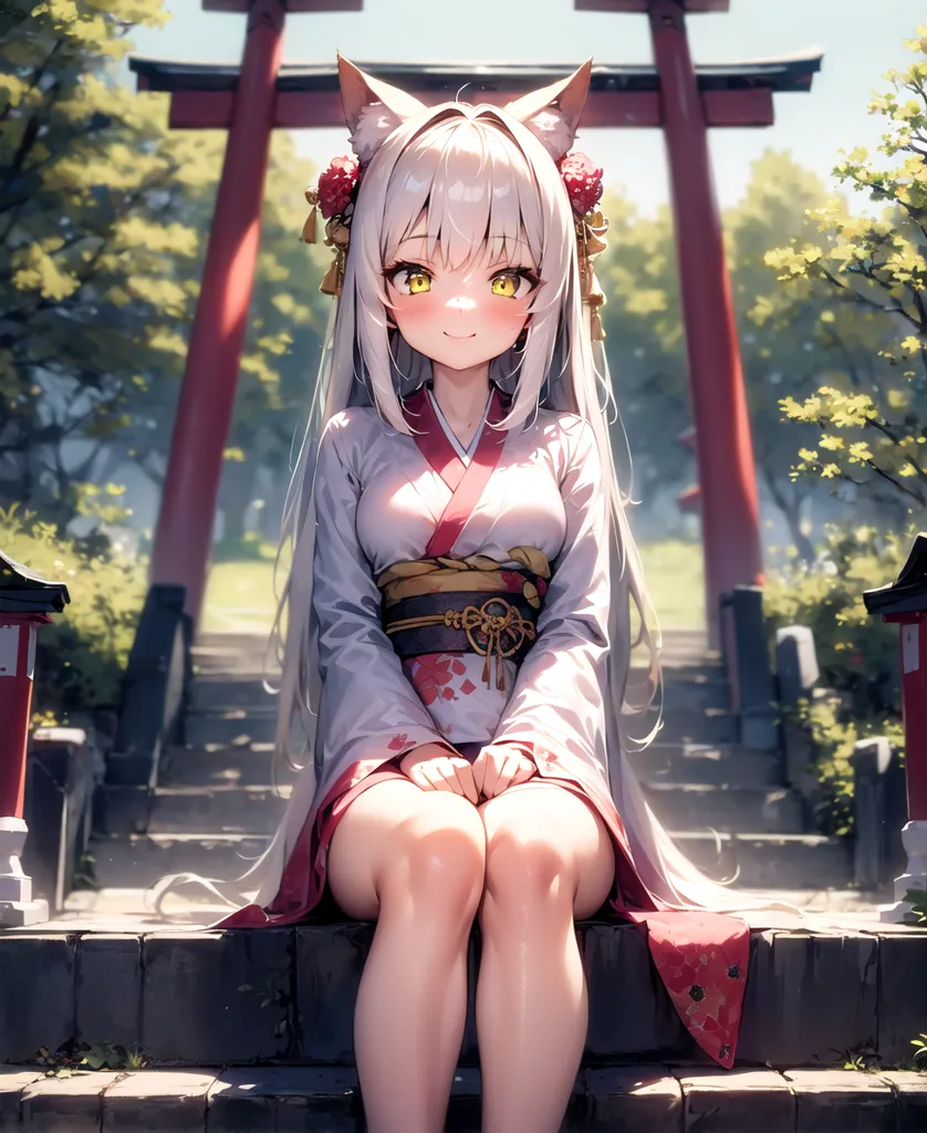 The image is of a young woman with white hair and cat ears. She is wearing a kimono with a red and white pattern and has a pink obi tied around her waist. She is sitting on a stone step in front of a red torii gate. There are trees and bushes in the background. The woman has a shy smile on her face and is looking at the viewer.