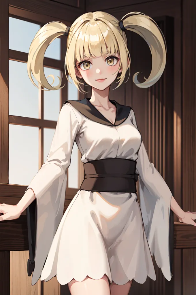 The image shows a young woman with long blonde hair and yellow eyes. She is wearing a white kimono with a brown obi sash. The woman is standing in front of a wooden door, and she has a gentle smile on her face.