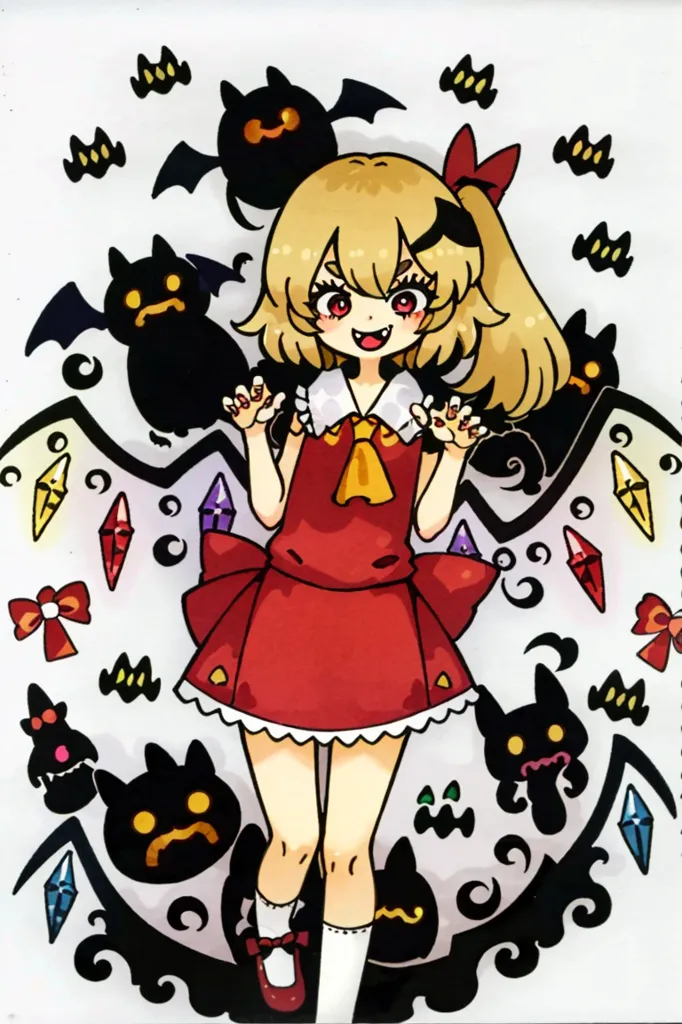 The image is of a young girl with long blonde hair and red eyes. She is wearing a red dress with a white collar and a large red bow in her hair. She also has on white socks and red shoes. The girl is standing in front of a white background with several black bats surrounding her. There are also several red and green gems scattered around her. The girl has a happy expression on her face and appears to be enjoying herself.