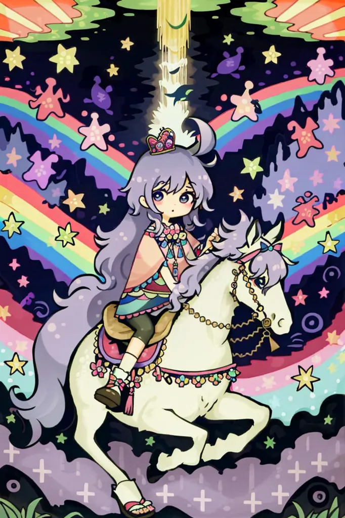 The image is of a girl with purple hair and blue eyes riding a white horse. The girl is wearing a pink and blue dress with a yellow cape. The horse is wearing a red and white saddle with gold trim. The girl and the horse are surrounded by rainbows and stars. The background is a dark blue night sky.