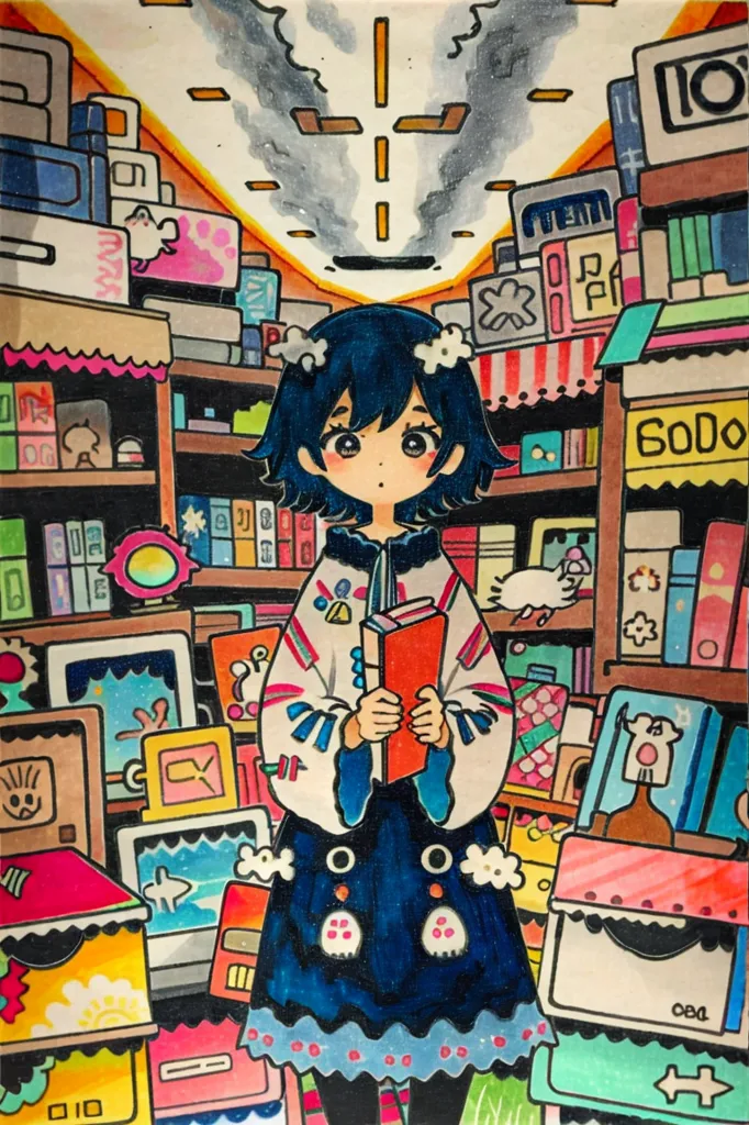 The image is a drawing of a girl standing in a library. The girl is wearing a blue dress and has short blue hair. She is holding a book and there are many bookshelves around her. On the bookshelves, there are books, toys, and other objects. The image is very colorful and has a lot of detail.