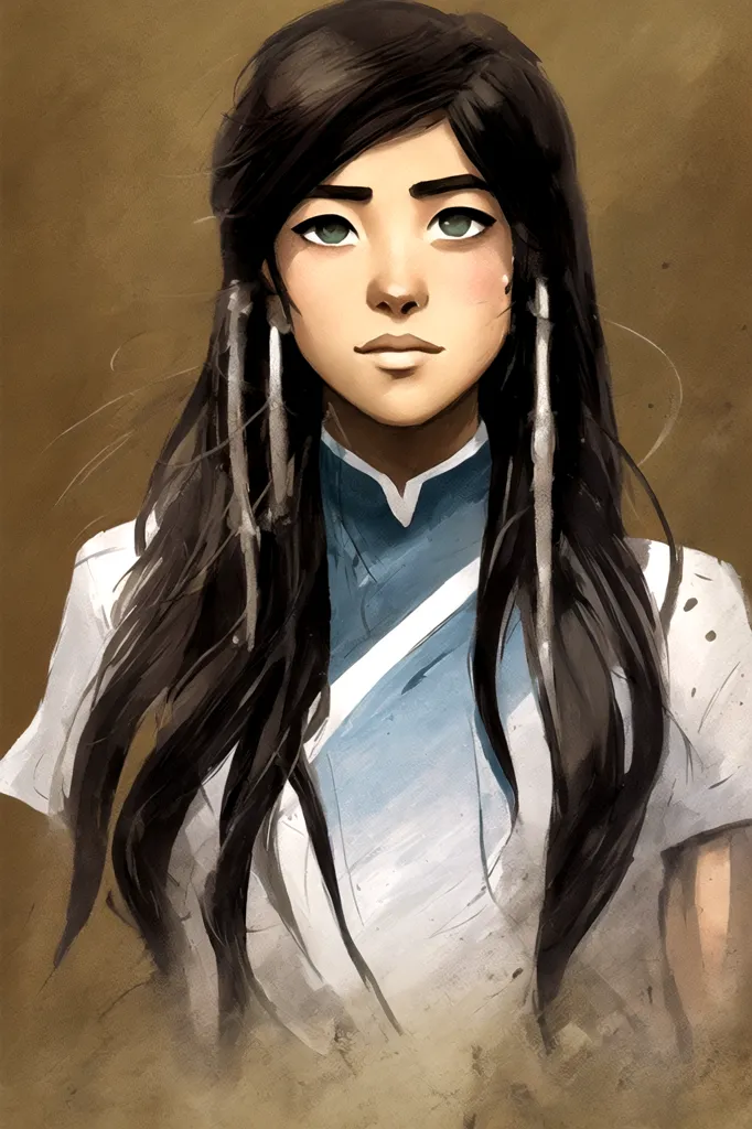 The image is a painting of a young woman with long black hair and green eyes. She is wearing a white shirt with a blue collar and has a white earring in her left ear. She has a determined expression on her face and looks like she is about to speak. The background is a light brown color and there is a brown frame around the painting.