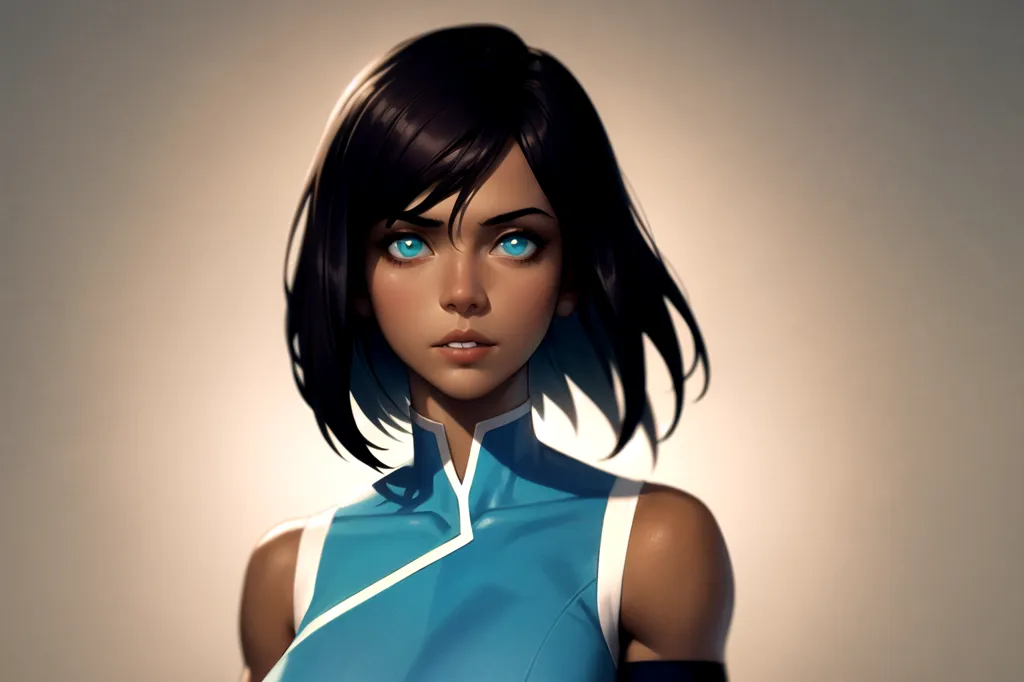 The image is of a young woman with dark hair and blue eyes. She is wearing a blue and white outfit. The image is a digital painting and the woman's expression is serious.