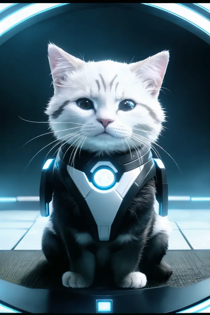 Esta é uma imagem de um gato usando uma armadura futurista. O gato está sentado em uma nave espacial e olhando para a câmera com olhos grandes e redondos. A armadura tem uma luz azul brilhante no peito e luzes azuis nos ombros. O gato é branco com manchas cinzas na cabeça e nas costas. A armadura é preta e branca com luzes azuis nos lados. O fundo é uma nave espacial com um círculo azul brilhante no meio.