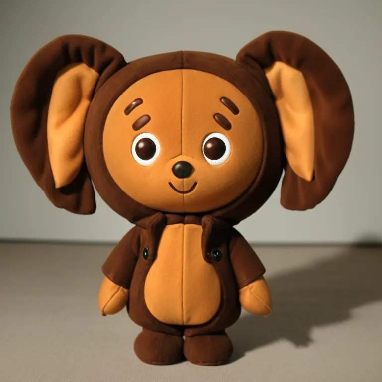 This is a plush toy of Cheburashka, a beloved children's character from a series of Russian animated films. Cheburashka is a big-eared, furry creature with a kind and gentle personality. He is known for his curiosity and sense of adventure. This particular plush toy is made of soft brown fabric and has a friendly smile on its face. It is about 10 inches tall and is perfect for cuddling.