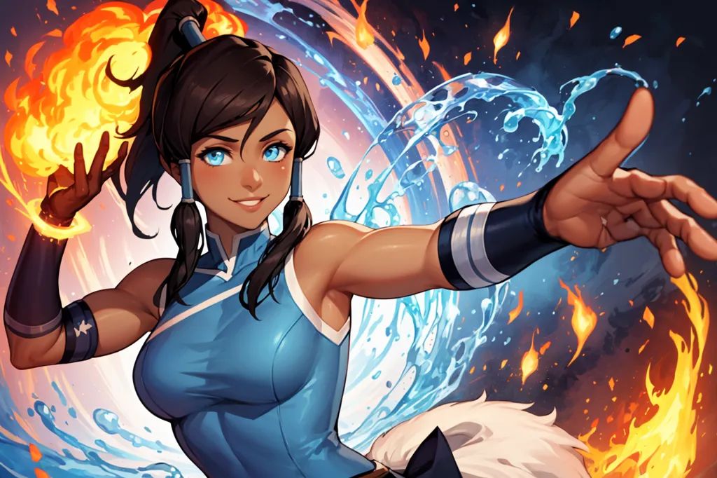 The image shows a young woman with brown hair and blue eyes. She is wearing a blue sleeveless shirt and has her hair in a ponytail. She is surrounded by fire and water, and she has a determined expression on her face. She is standing with her left arm outstretched, and she is holding a fireball in her right hand. The background is a dark blue color, and there are several small, bright blue circles in the background.