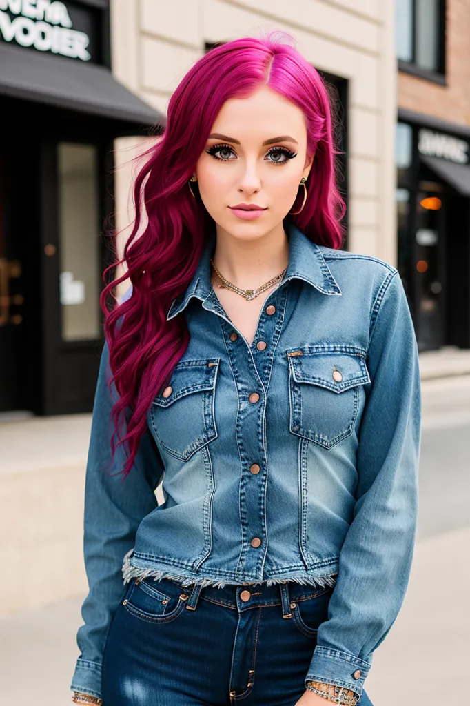 Gambar ini menunjukkan seorang wanita muda dengan rambut berwarna merah muda cerah. Dia mengenakan jaket denim biru dan celana jeans biru. Dia memiliki kalung dengan liontin berbentuk hati. Latar belakangnya buram.