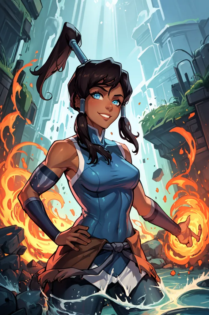 The image shows a young woman standing in a river. She is wearing a blue tank top and brown pants. She has her hair in a ponytail and is barefoot. She is surrounded by fire and water. She has a confident expression on her face and is looking at the viewer. The background is a blur of green and blue.