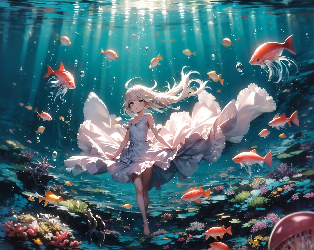 Esta imagen muestra a una chica con el cabello largo y ondulado de color blanco y ojos verdes. Lleva un vestido blanco y está nadando bajo el agua. La chica está rodeada de varias especies de peces y otras formas de vida marina. El fondo de la imagen es un océano azul con arrecifes de coral y plantas.