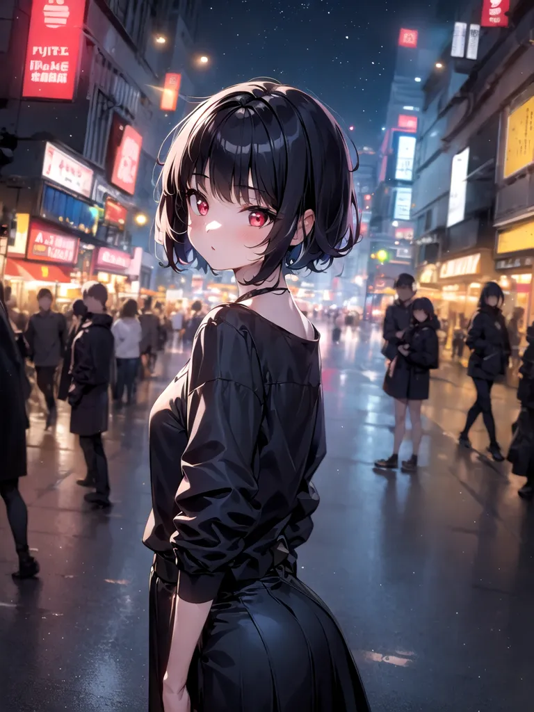 この画像は、短い黒髪と赤い目をした若い女性の肖像画です。彼女は黒いジャケットと黒いスカートを着ています。彼女は人々が通り過ぎる賑わいの街中に立っています。背景は、多くのネオンライトが輝く夜の街です。