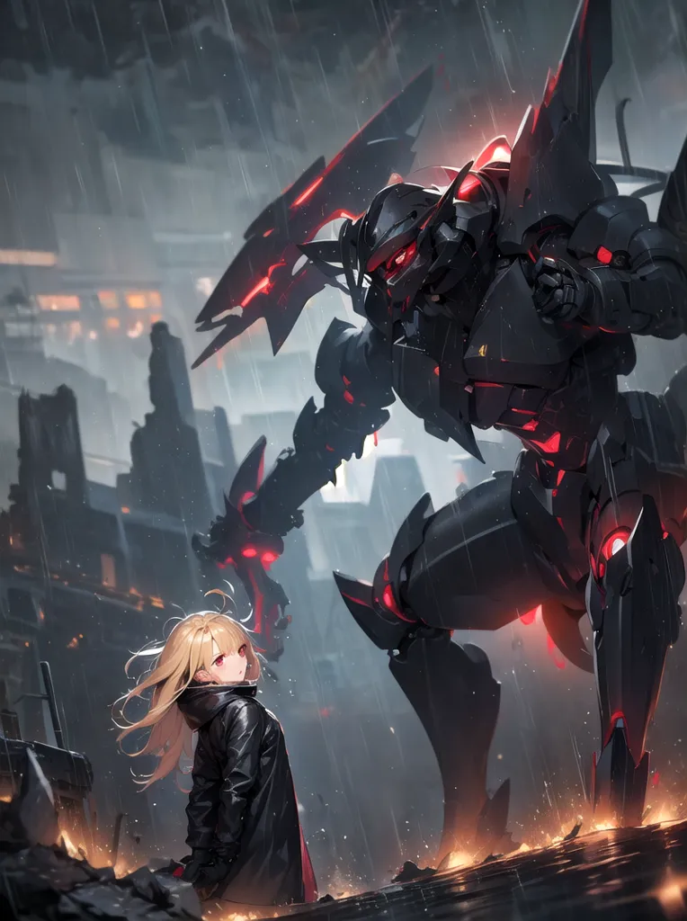 The image is a dark and rainy cityscape. There is a giant black and red mech in the foreground, and a young woman with blonde hair and red eyes standing in front of it. The woman is wearing a black jacket and a white shirt. She has a determined expression on her face. The mech is towering over her, and it looks like it could crush her with one hand. The background of the image is a ruined city. There are broken buildings and debris everywhere. The sky is dark and cloudy, and the rain is coming down hard. The image is full of tension and suspense. It is unclear what is going to happen next.