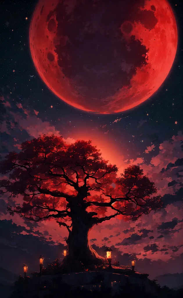 The image is a beautiful landscape with a large red moon in the background. The moon is surrounded by a dark red sky with a few stars. There is a large tree in the foreground with branches reaching out towards the moon. The tree is surrounded by a few lanterns. The ground is covered in red leaves. The overall effect is one of mystery and beauty.