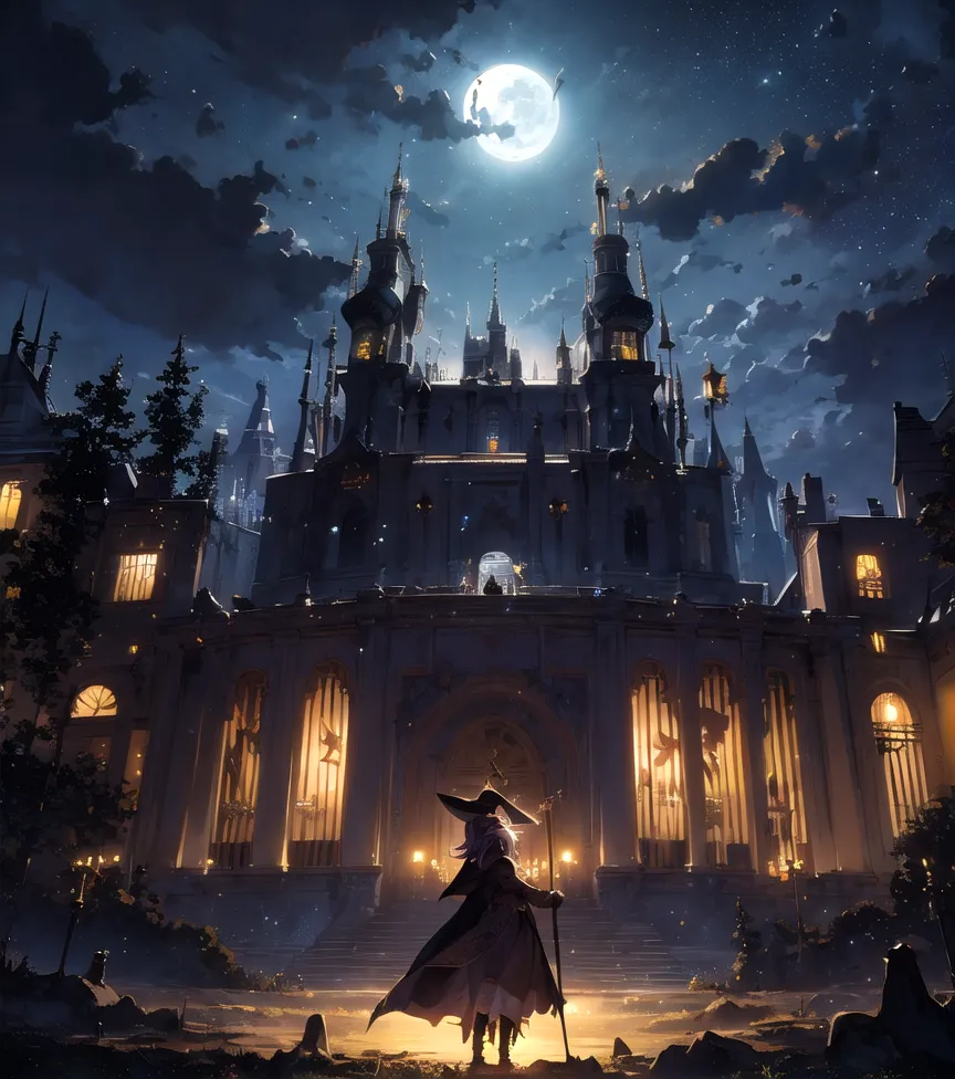 The image is a night scene of a castle. The castle is large and imposing, with many towers and turrets. It is made of dark stone and has a foreboding appearance. The night sky is dark and cloudy, and there is a full moon shining. The only light inside the castle comes from the windows, which are glowing with a warm light. There is a figure standing in front of the castle. The figure is wearing a long black cloak and a hat and is carrying a staff. The figure is looking up at the castle with a look of wonder on their face.