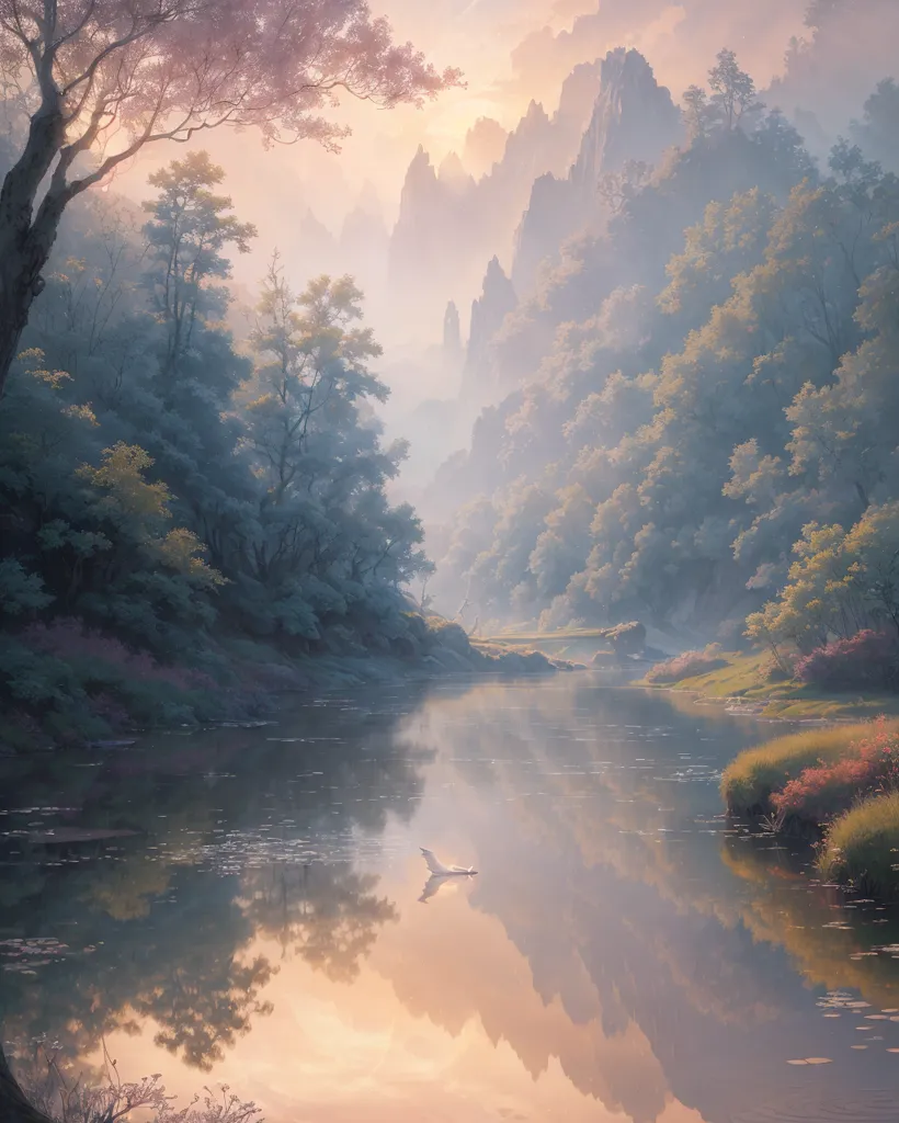 The image is a beautiful landscape painting. It depicts a wide river flowing through a valley. The river is surrounded by lush green trees and mountains in the background. The sky is a gradient of pink, orange, yellow, and blue. The sun is setting, casting a warm glow over the scene. A lone swan is swimming in the river, reflecting in the water. The painting is done in a realistic style, and the colors are vibrant and lifelike. The overall effect is one of peace and tranquility.