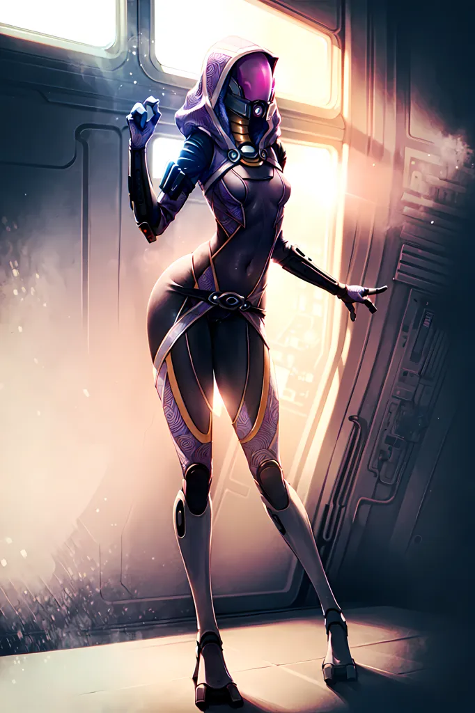 The image is of a tall, slender woman with purple skin and a metallic mask. She is wearing a black bodysuit with purple and blue highlights and high heels. She is standing in a futuristic room with a large window in the background. There is a blue light coming in from the window. The woman is looking at the viewer with her right hand raised.