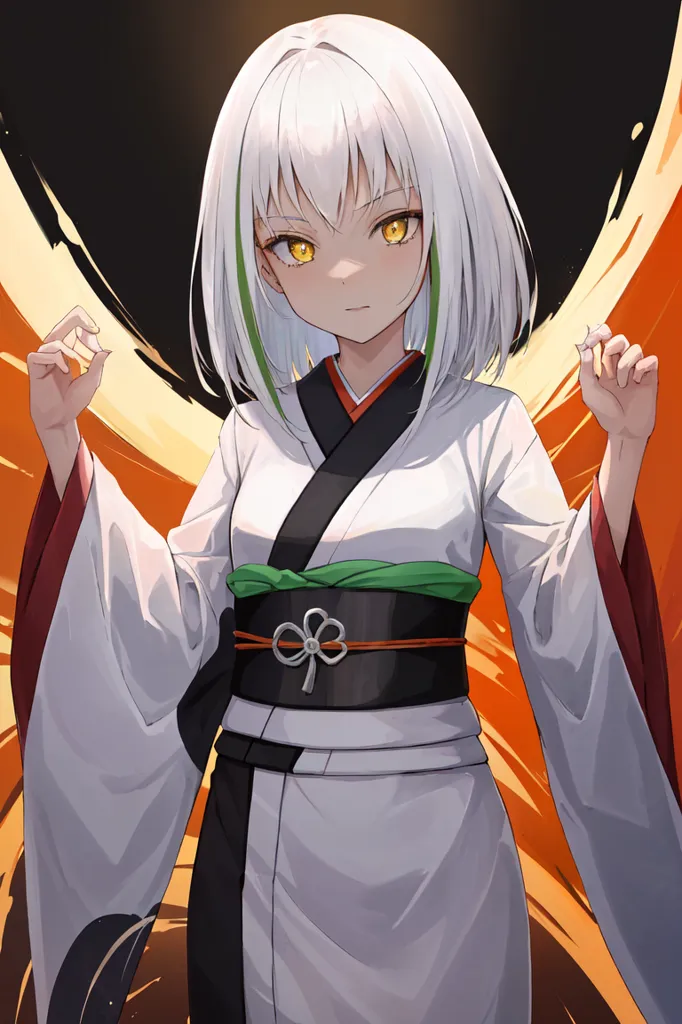 La imagen es de una mujer joven con el cabello blanco y ojos verdes. Ella está usando un kimono blanco con un obi verde. El kimono tiene un cuello negro y está atado con un cinturón verde y negro. La mujer está de pie con los brazos extendidos y los ojos cerrados. Tiene una expresión seria en su rostro. El fondo es de un color oscuro con una luz brillante en el centro. La luz es de color naranja y amarillo y tiene forma de círculo. La mujer está de pie frente a la luz.