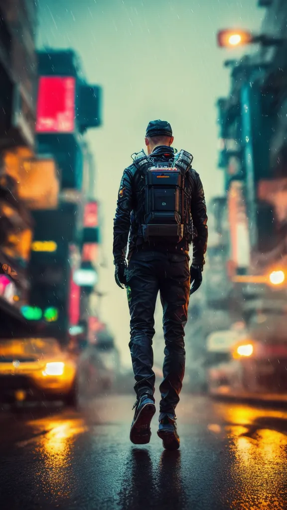 The image shows a man walking down a city street. He is wearing a black jacket, pants, and boots. He has a backpack on his back and a cap on his head. The street is wet from the rain, and the lights of the city are reflected in the puddles. The man is alone, and he looks like he is in a hurry.