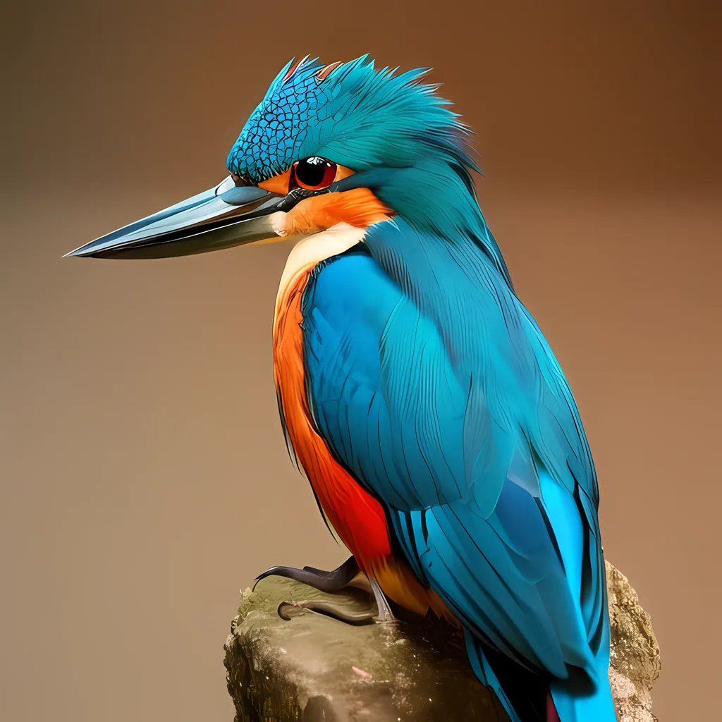 The image contains a realistic painting of a kingfisher bird. The bird is facing to the left of the viewer. It has a blue body, orange head and neck, and a blue crest on its head. The bird is perched on a branch. The background is a blurred brown color.