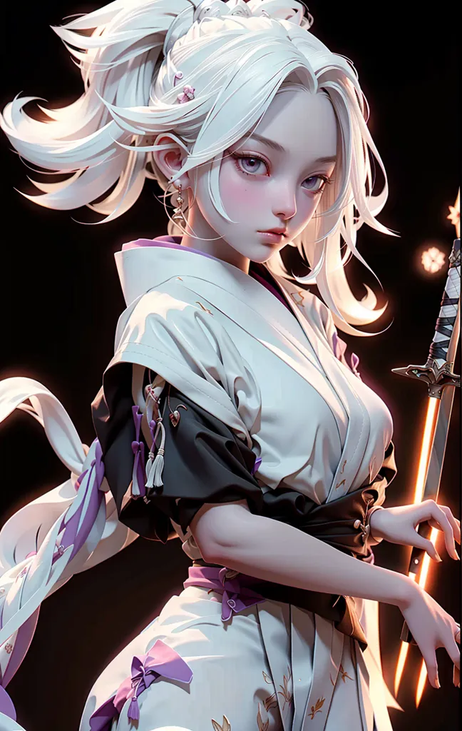 The image is a portrait of a young woman with long white hair and purple eyes. She is wearing a white and purple kimono with a pink obi. She is also wearing a sword. The background is black with a glowing white light on the right side. The woman's expression is serious and determined.