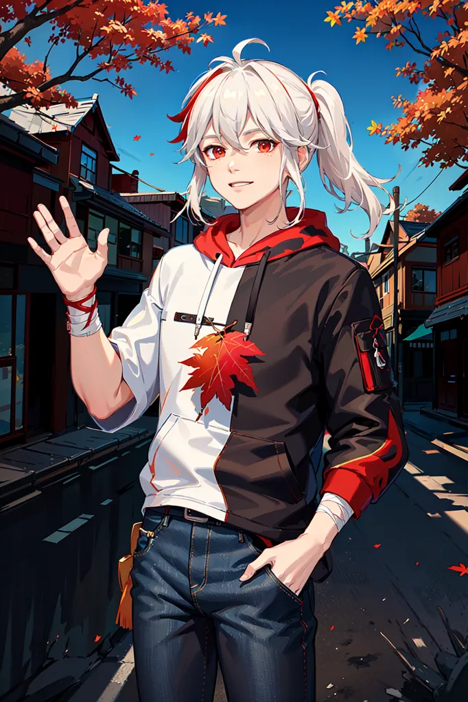 The image is of a young man with white hair and red eyes. He is wearing a black and white hoodie with a red maple leaf on the front. He has a bandage on his right hand and is wearing jeans. He is standing in a street with traditional Japanese houses and is waving at the viewer.