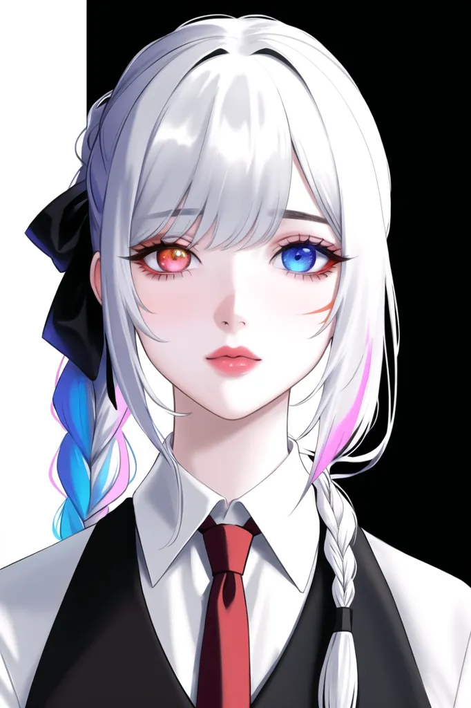 The image is a digital painting of a young woman with white hair and heterochromia, her right eye being red and her left eye being blue. She is wearing a white dress shirt with a red tie and a black suit jacket. Her hair is tied back in a ponytail with a black bow. She has a serious expression on her face. The background is a black and white gradient.