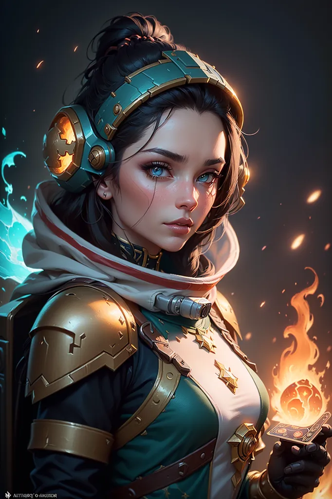 This is an image of a young woman who appears to be a warrior or adventurer. She has brown hair tied in a bun, blue eyes, and light skin. She is wearing a green and gold breastplate with shoulder pads, and there is a white cloth around her neck. She also has a pair of headphones on. She is holding a small glowing orb in her right hand. There are flames coming from her left hand. She is standing in front of a dark background with a glowing blue circle in the top left corner.